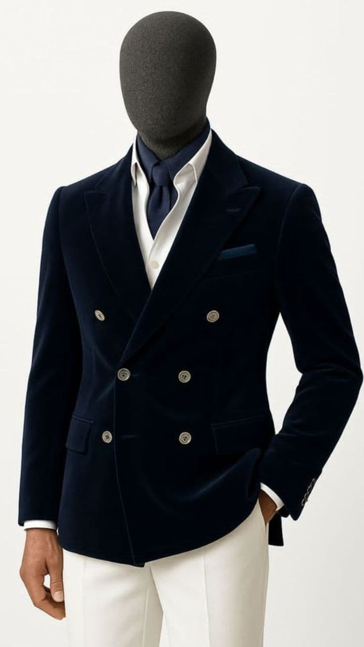 Midnight Navy Velvet Double-Breasted Blazer