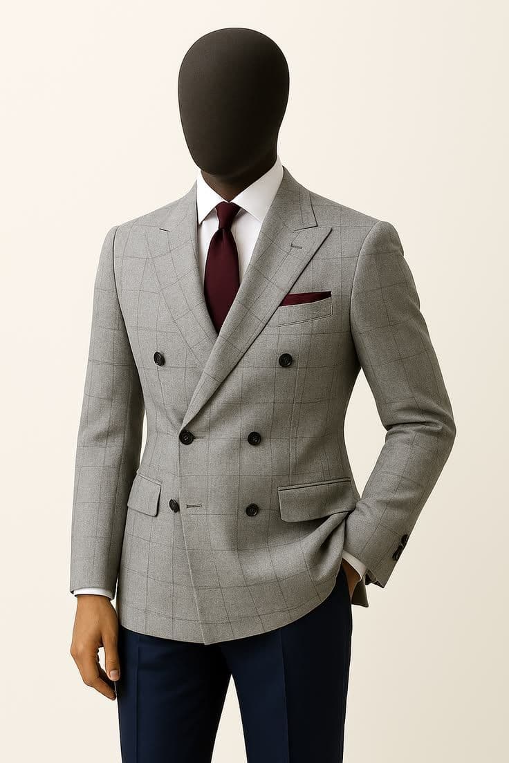 Silver-Grey Windowpane Double-Breasted Blazer